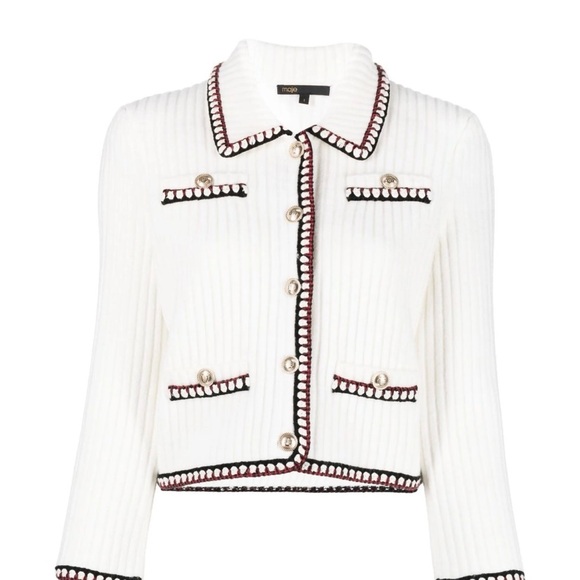 Maje Cream Ribbed Knit Blazer with Black and Burgundy Trim - Picture 2 of 5